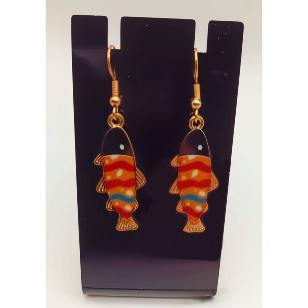 Colorful Fish Dangle Earrings Stainless Steel Gold Yellow Red 1.5"